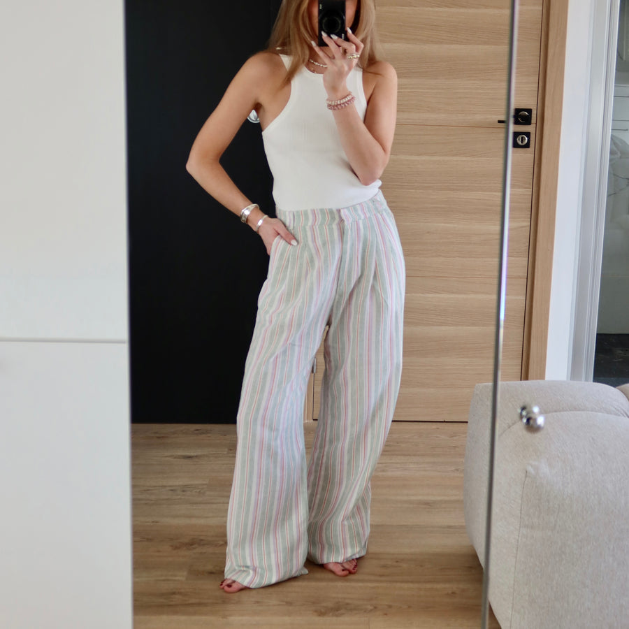 PANTALON A RAYURES VERT & BLANC ROSEN