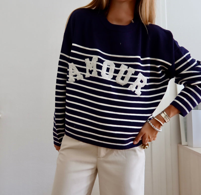 PULL AMOUR À RAYURES MARINE