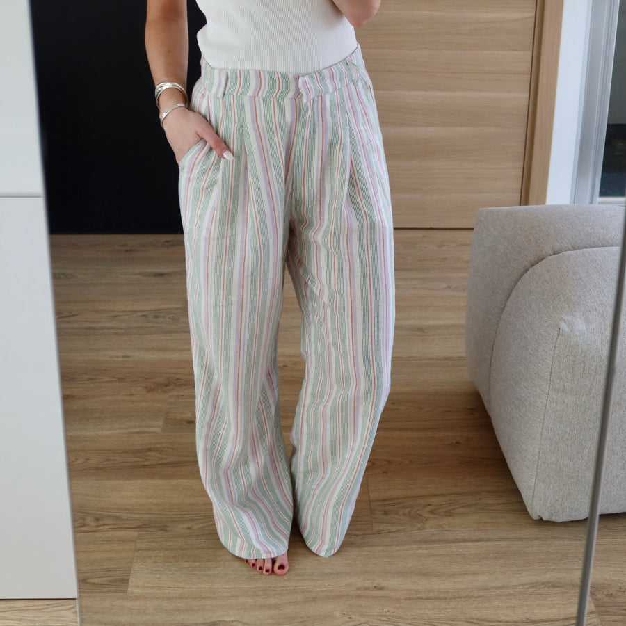 PANTALON A RAYURES VERT & BLANC ROSEN