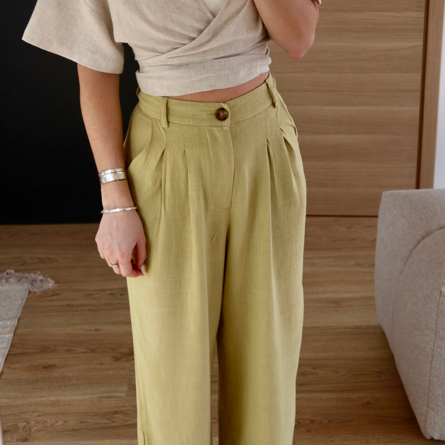 PANTALON EN LIN VERT RINA